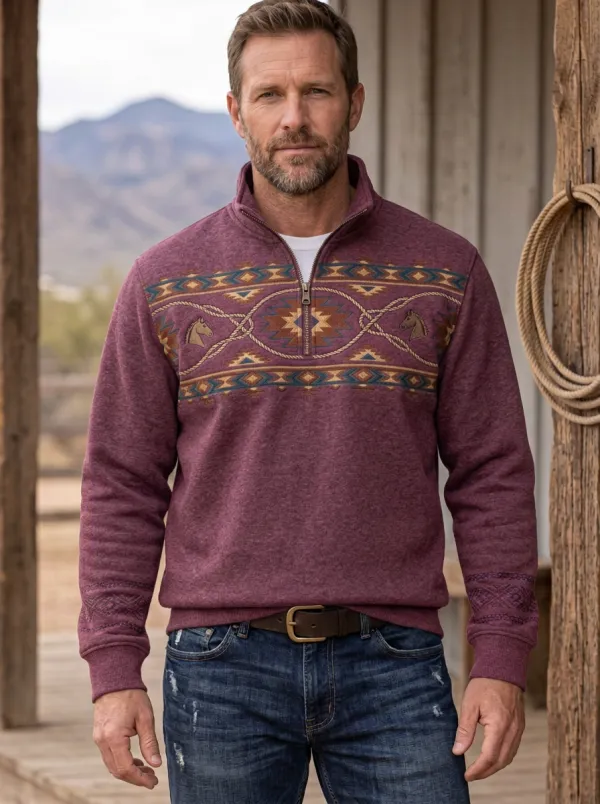 Men's Western Cowboy Horse Southwestern Geometric Half-Zip Sweatshirt