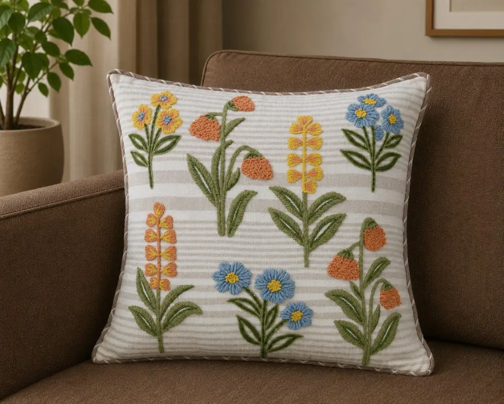 Artisan Design Hand Embroidered Floral Botanical Cotton Decorative Cushion Cover