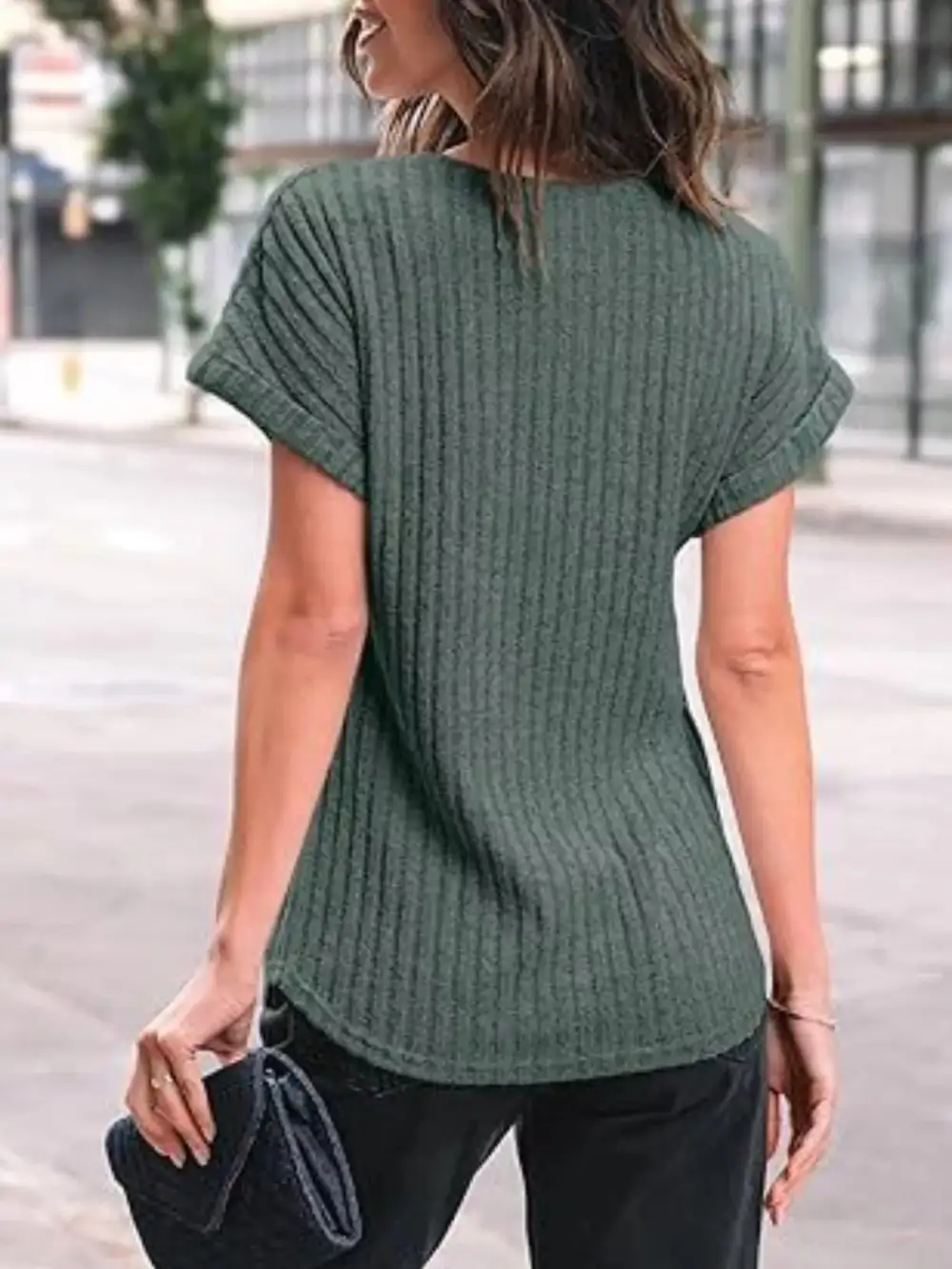 Casual Ribbed Knit Short Sleeve T Shirt