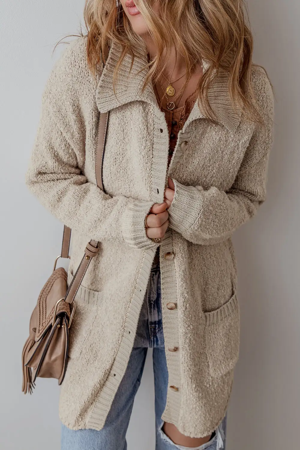 Collared Drop Shoulder Button Front Pocketed Cardigan