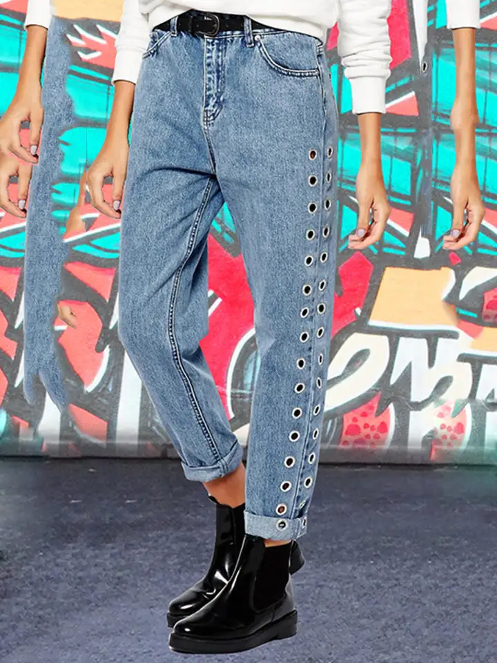 Button Fly Openwork Denim Jeans