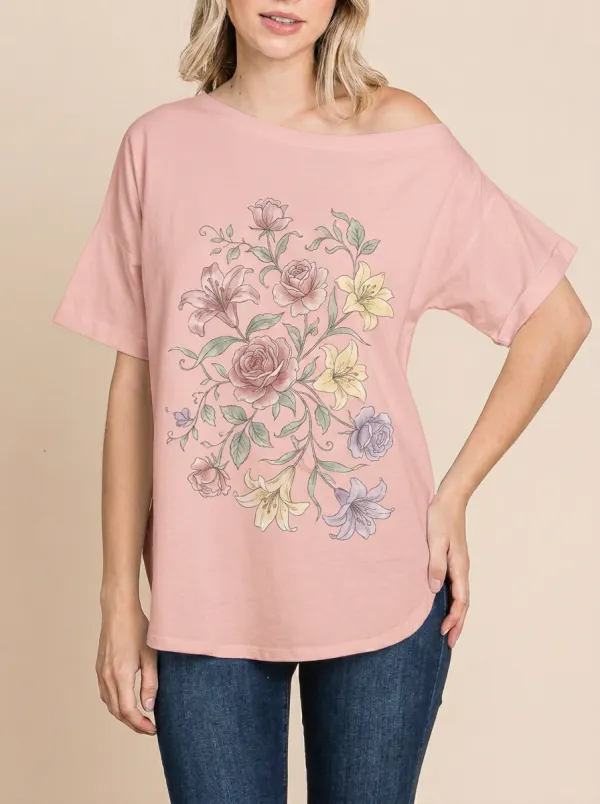 Women's Botanical Floral Rose Lily Printed T-shirt