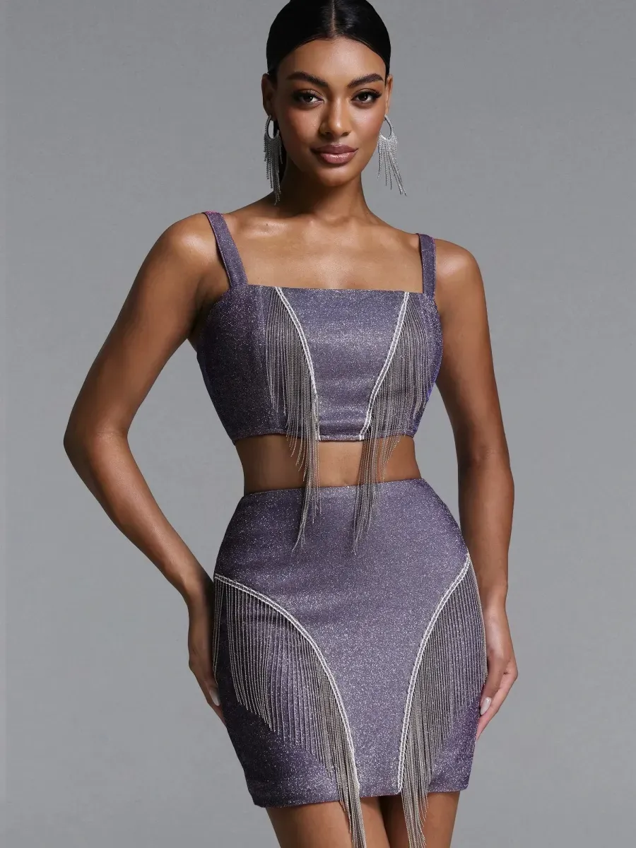 Gia  Glitter Fringe Crop Top & Mini Skirt Set