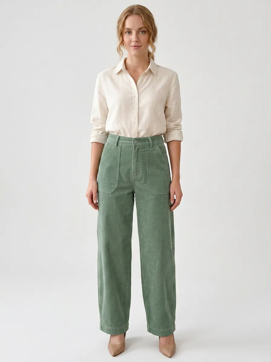 Women's Casual Sage Green Corduroy Wide Leg Pants