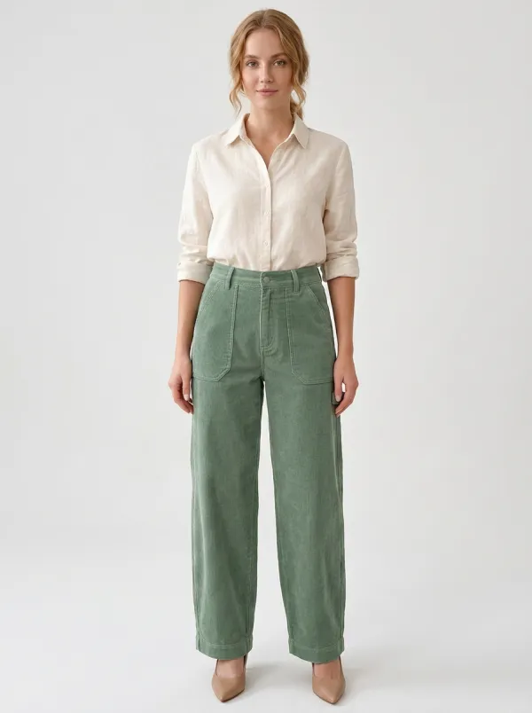 Women's Casual Sage Green Corduroy Wide Leg Pants
