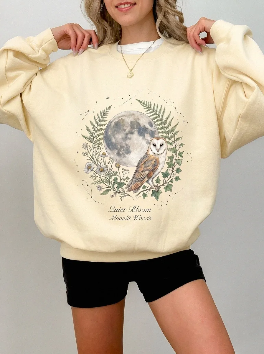 Women's Nature Lover Moonlit Owl Floral Printed Sweatshirt
