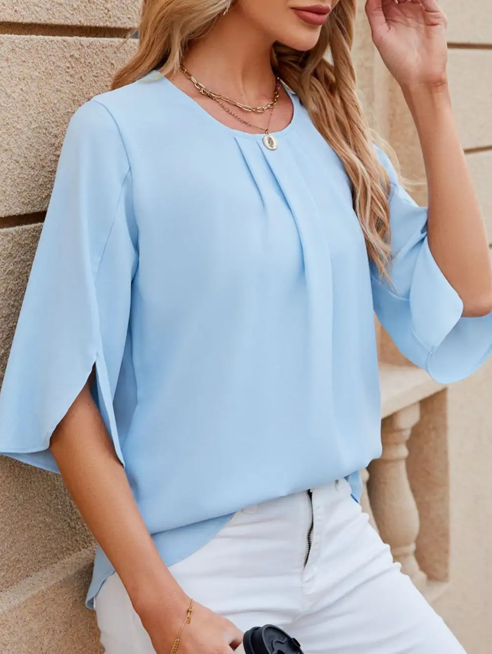 Chiffon Crew Neck Half Sleeve Blouse
