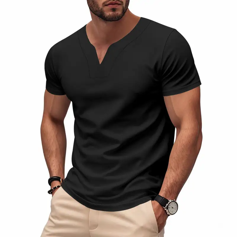 Men's Slim-Fit Short-Sleeve Shirt With Embedded V-notch And Decorative Stitching