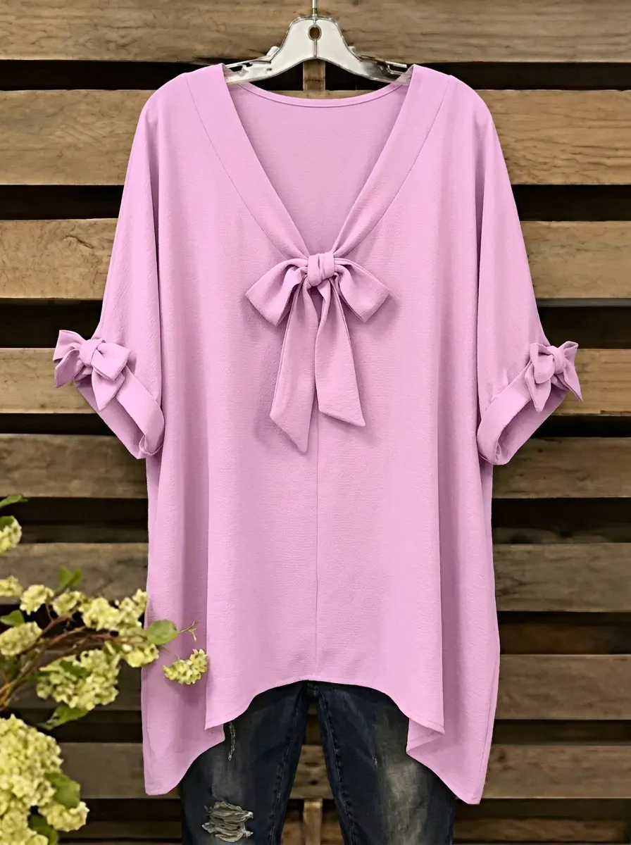 Women's V-neck Bow-detail Elbow Sleeve Blouse