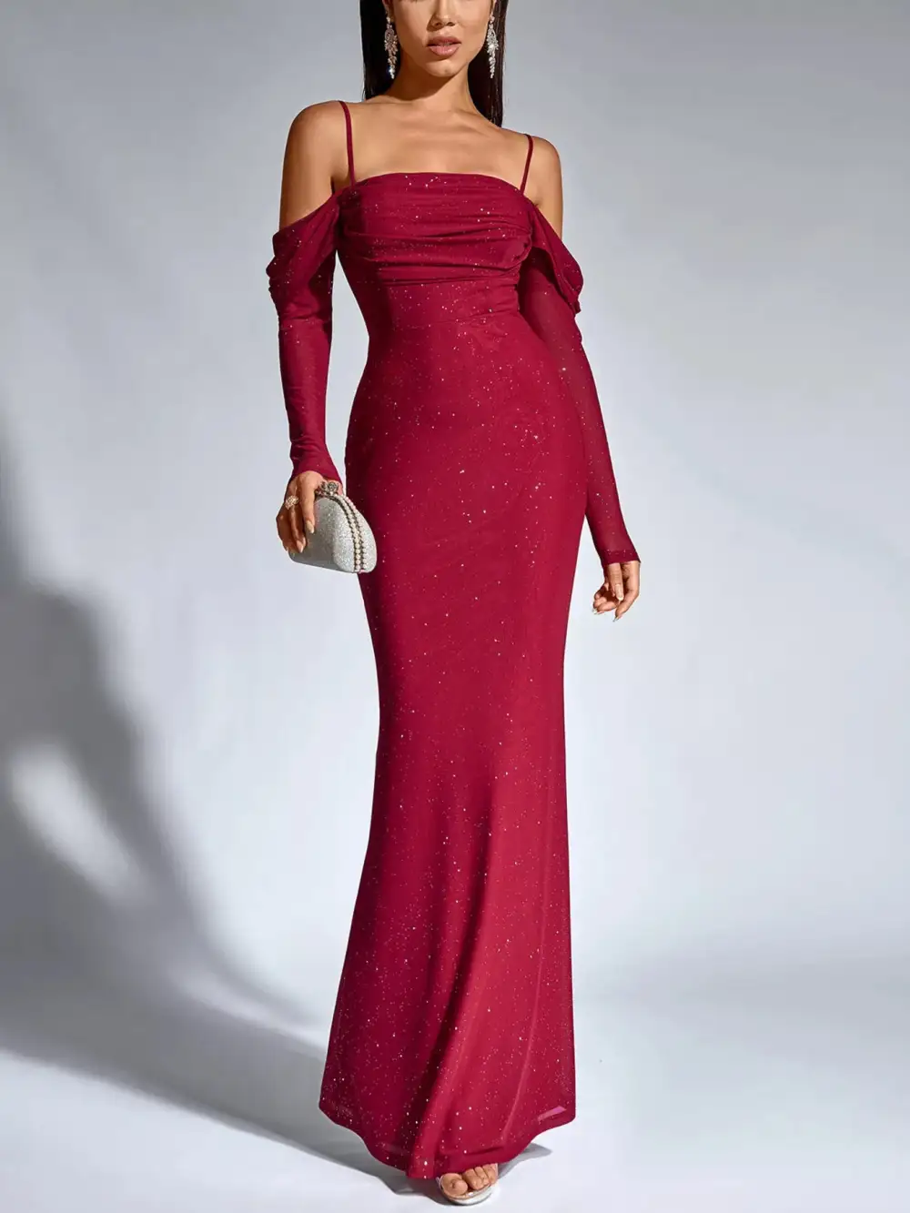 Glitter Ruched Long Sleeve Mermaid Maxi Dress