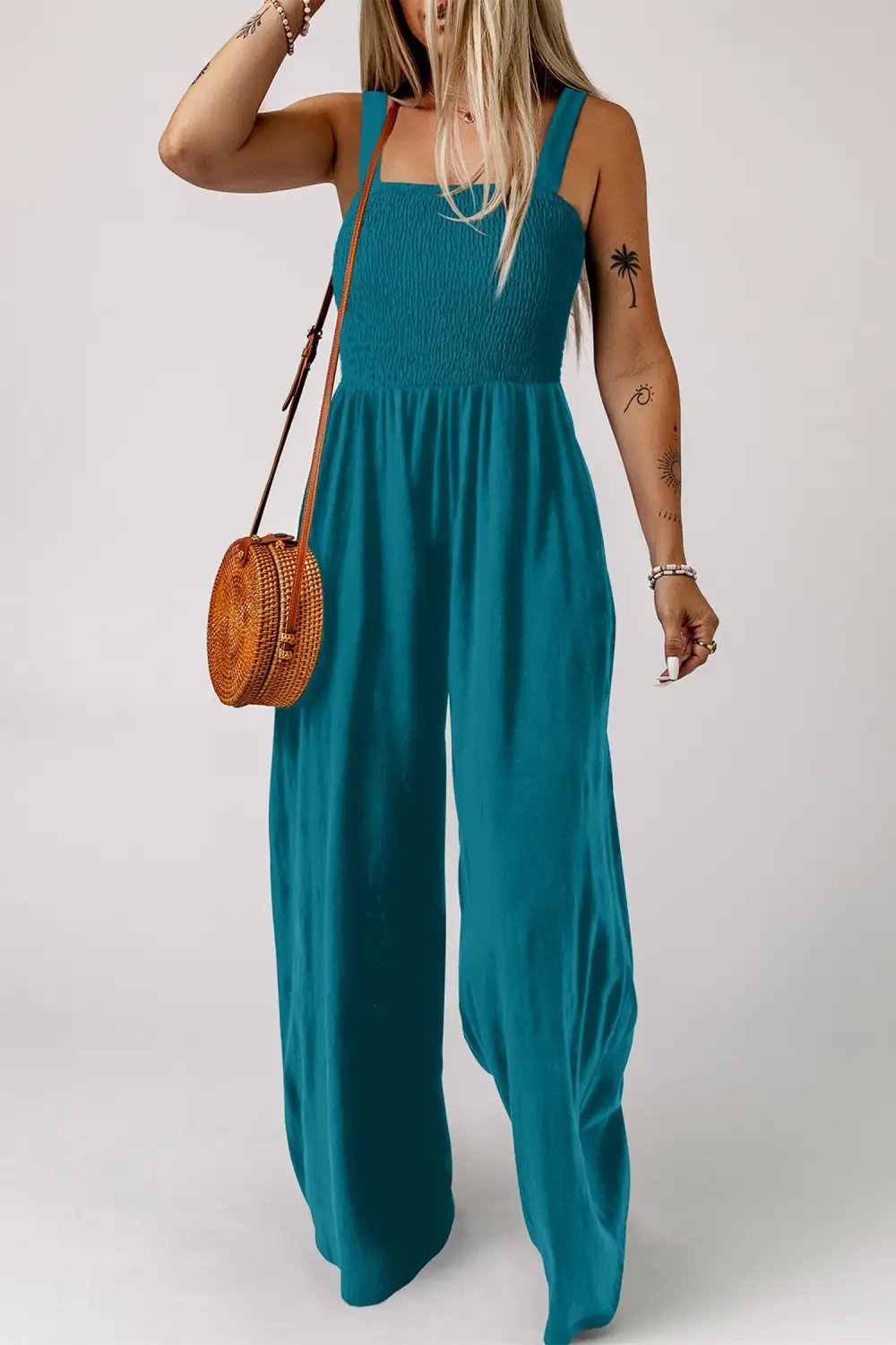 Smocked Square Neck Sleeveless Pockets Jumpsuit