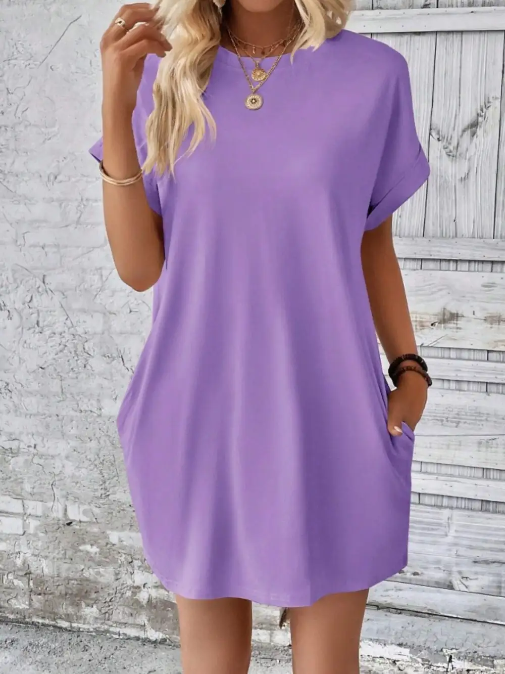 Round-Neck Short-Sleeve Cotton Casual Dress
