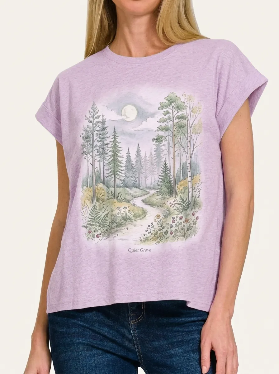 Women's Nature Lover Forest Moon Path Printed T-shirt