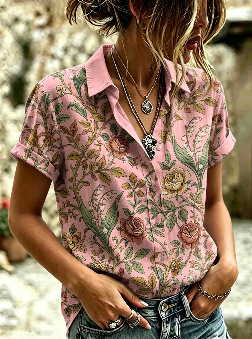 Women's Floral Vintage Rose Lily Botanical Printed Short Sleeve Shirt