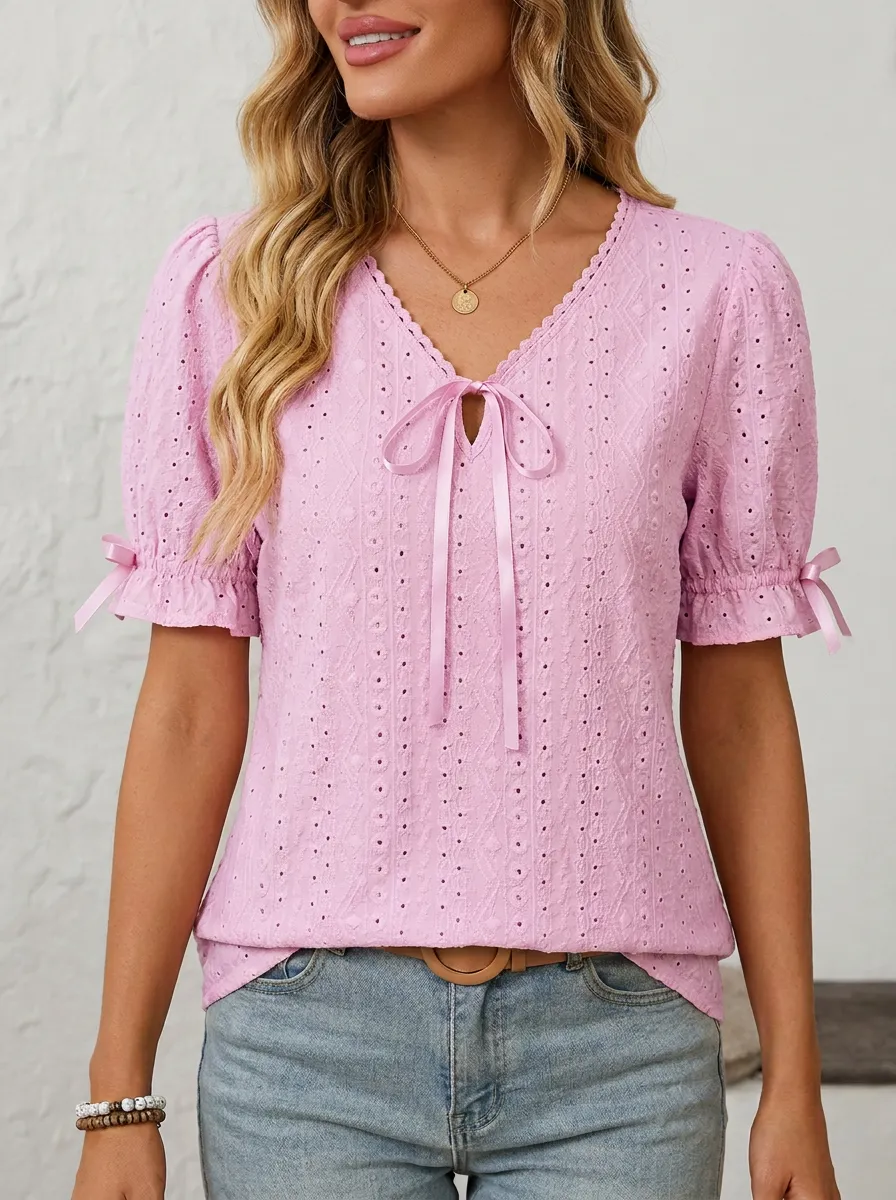 Women's V-neck Tie-neck Eyelet Blouse