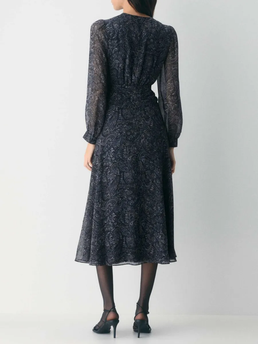 Print V-Neck Long Sleeve Dress