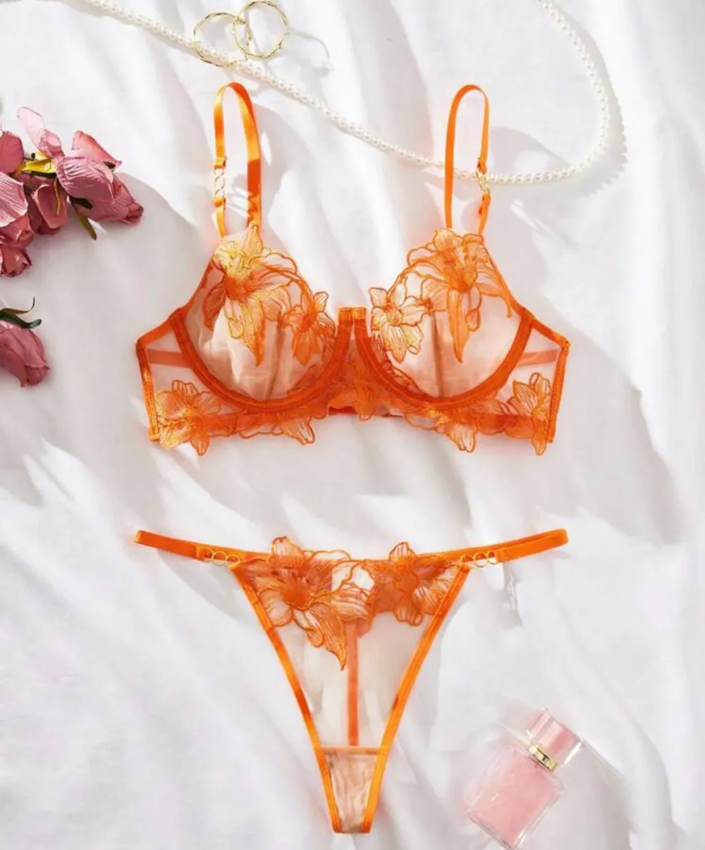 Embroidered Mesh Underwire Lingerie Set
