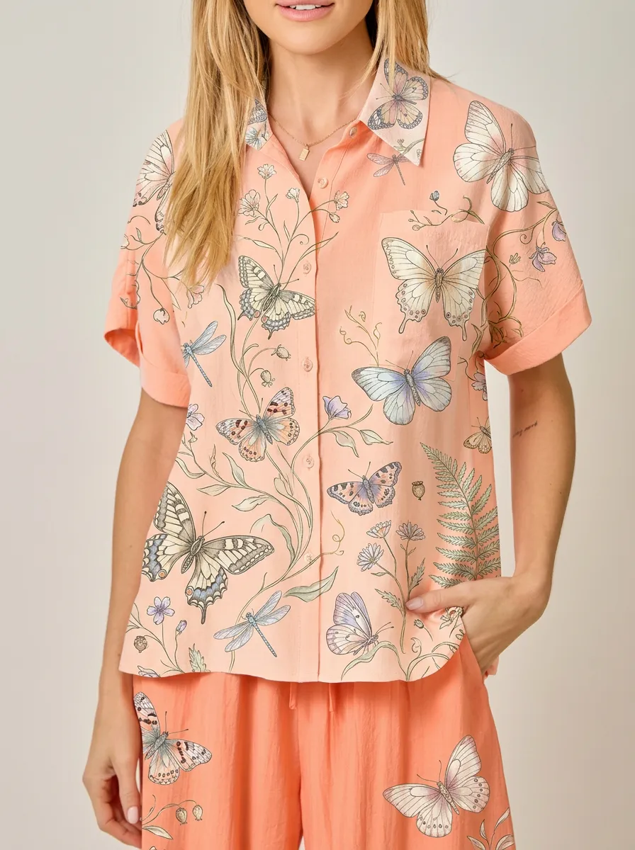Women's Nature Lover Butterfly Dragonfly Floral Printed Shirt