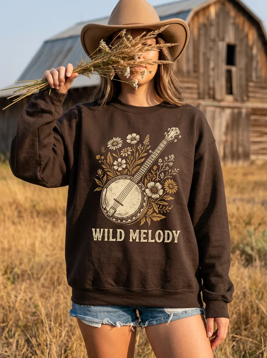 Country Music Wild Melody Banjo Floral Crew Neck Sweatshirt