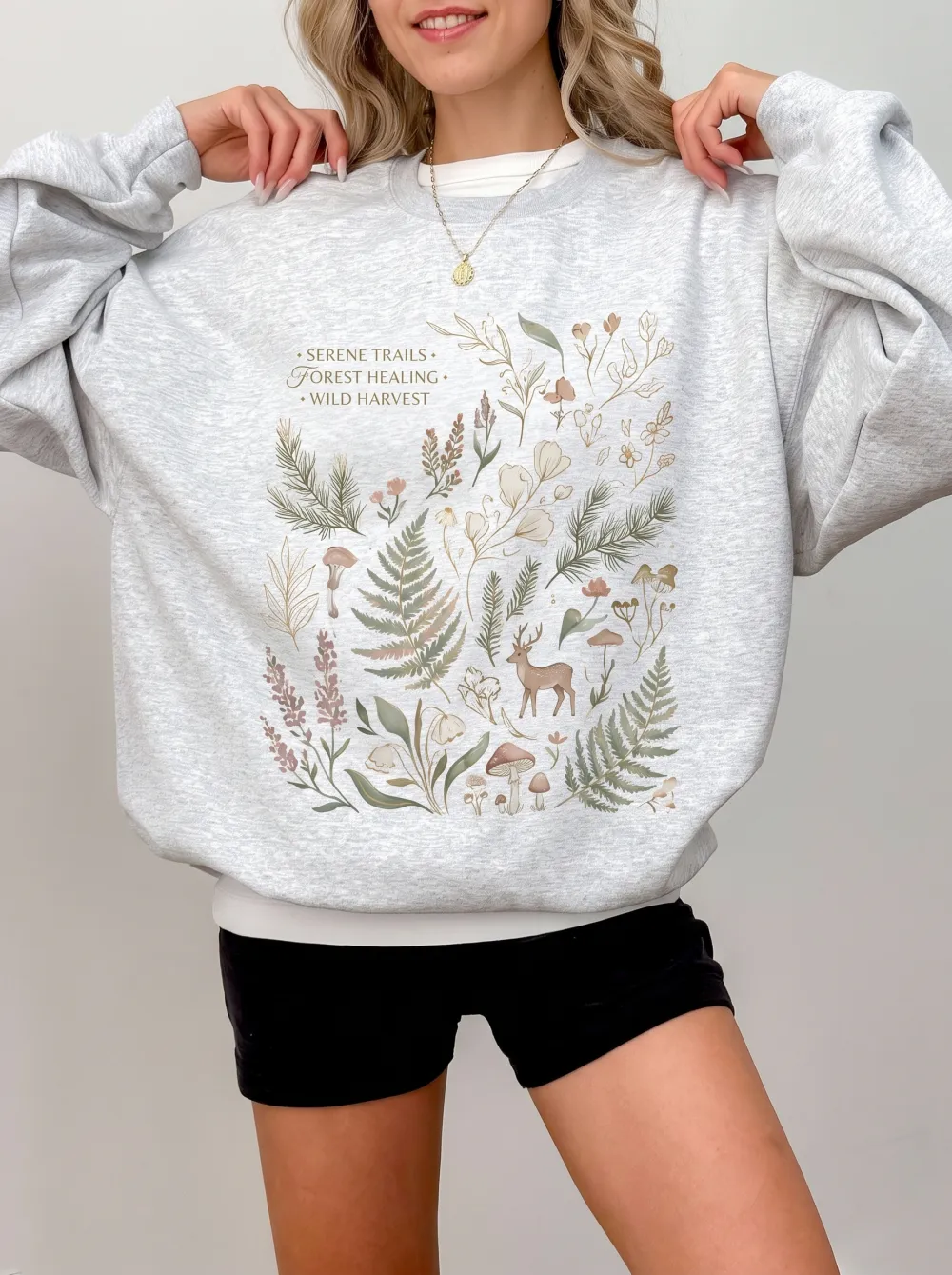 Women's Nature Lover Forest Botanical Deer Printed Sweatshirt
