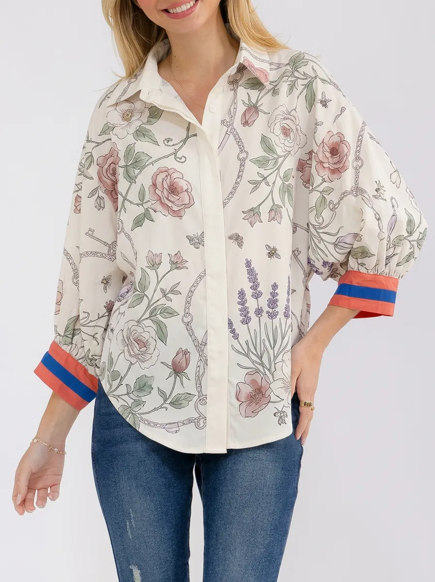 Women's Floral Lavender Chain Printed Button Down Shirt