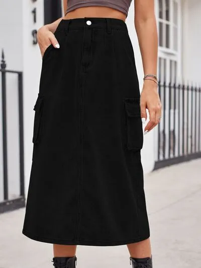 Relaxed Slit Buttoned Denim Pockets Skirt