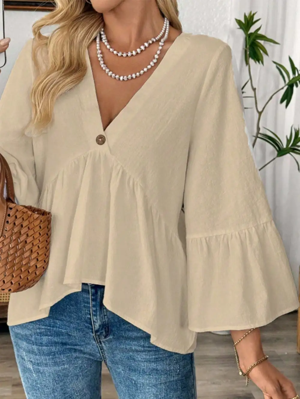 V Neck Ruffle Sleeve Cotton Blouse