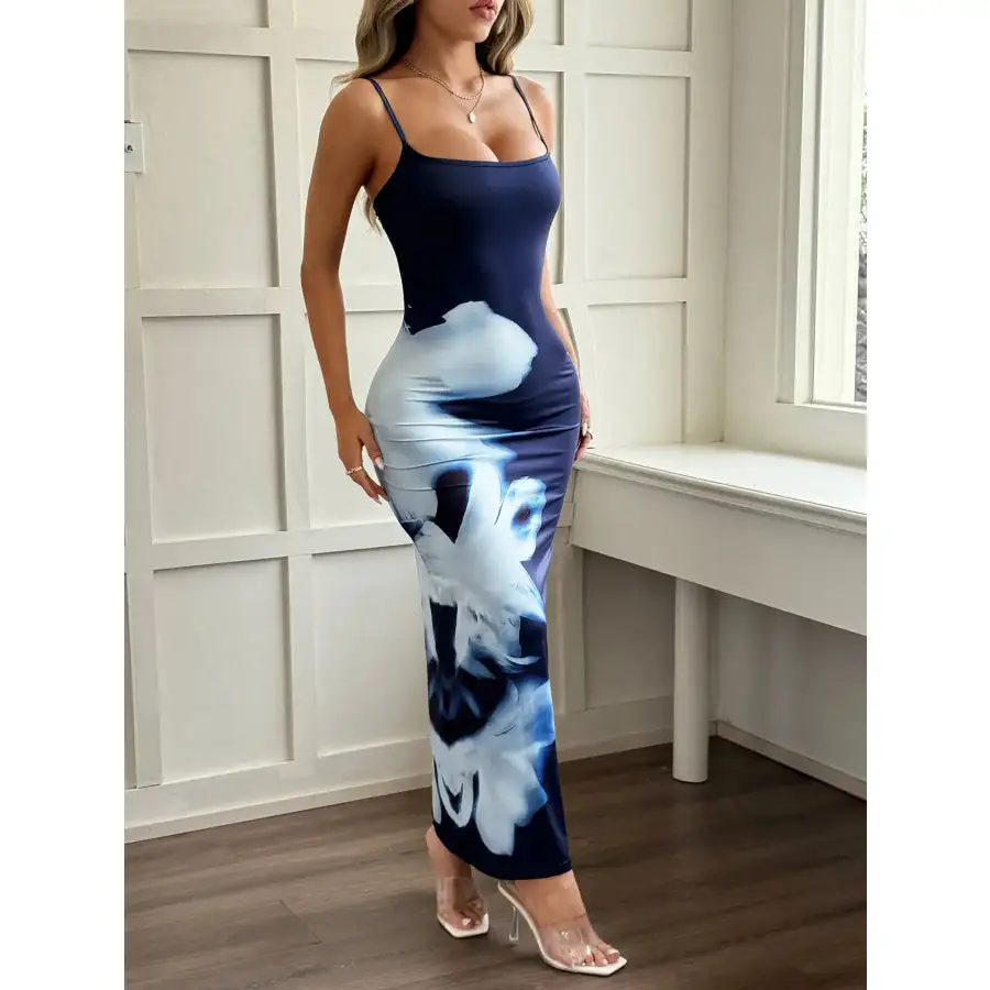 Printed Bodycon Spaghetti Strap Maxi Dress