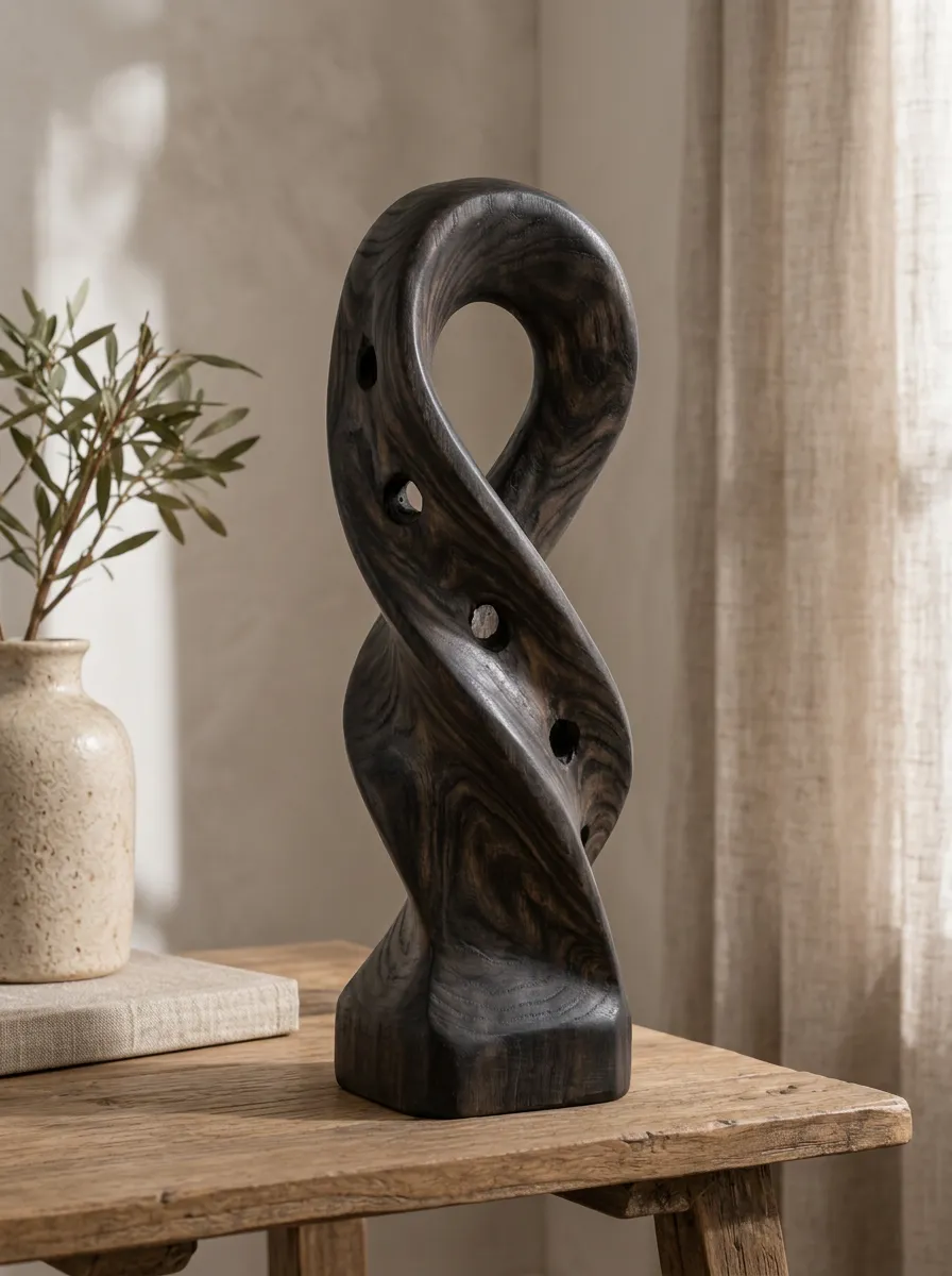 Minimalist Abstract Twisted Wood Carved Sculpture Ornament