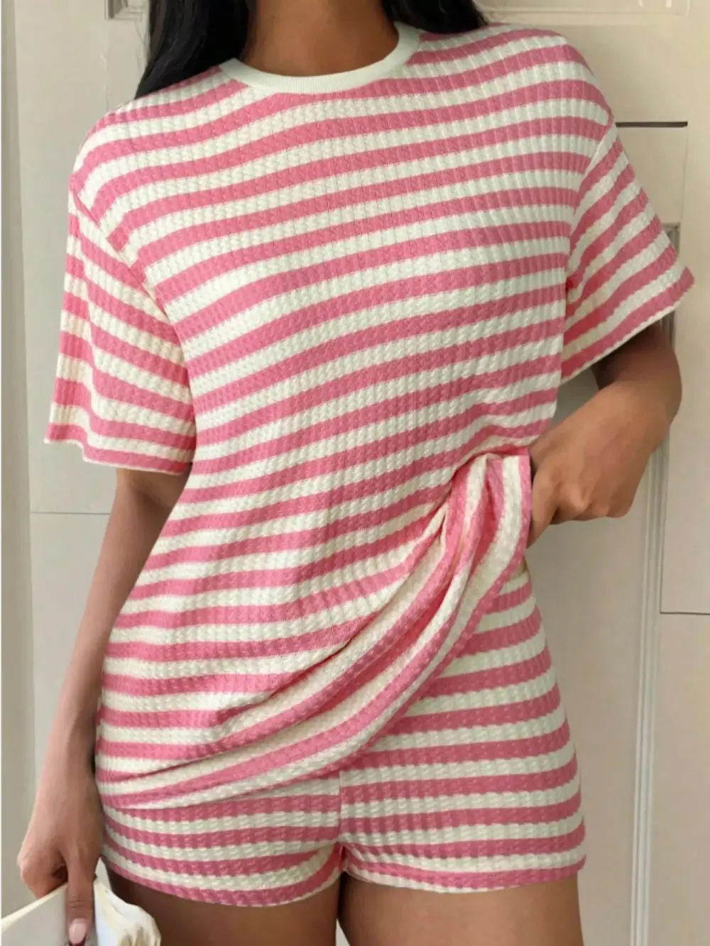 Relaxed Striped Round Neck Top Shorts Set