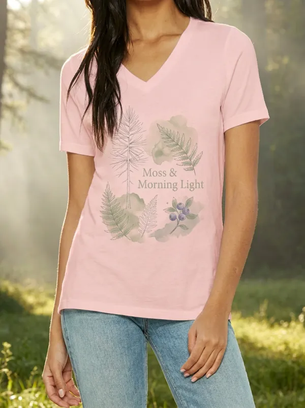 Women's Nature Lover Fern Moss & Blueberry Printed V-neck T-shirt