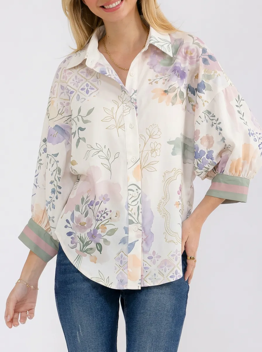 Women's Floral Botanical Watercolor Printed Button-Up Shirt