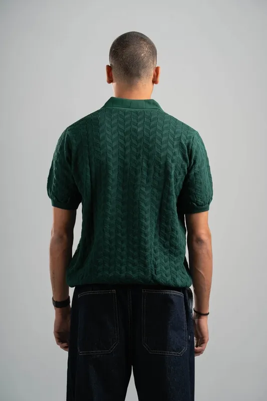 Dark Green Textured Knit Polo Shirt