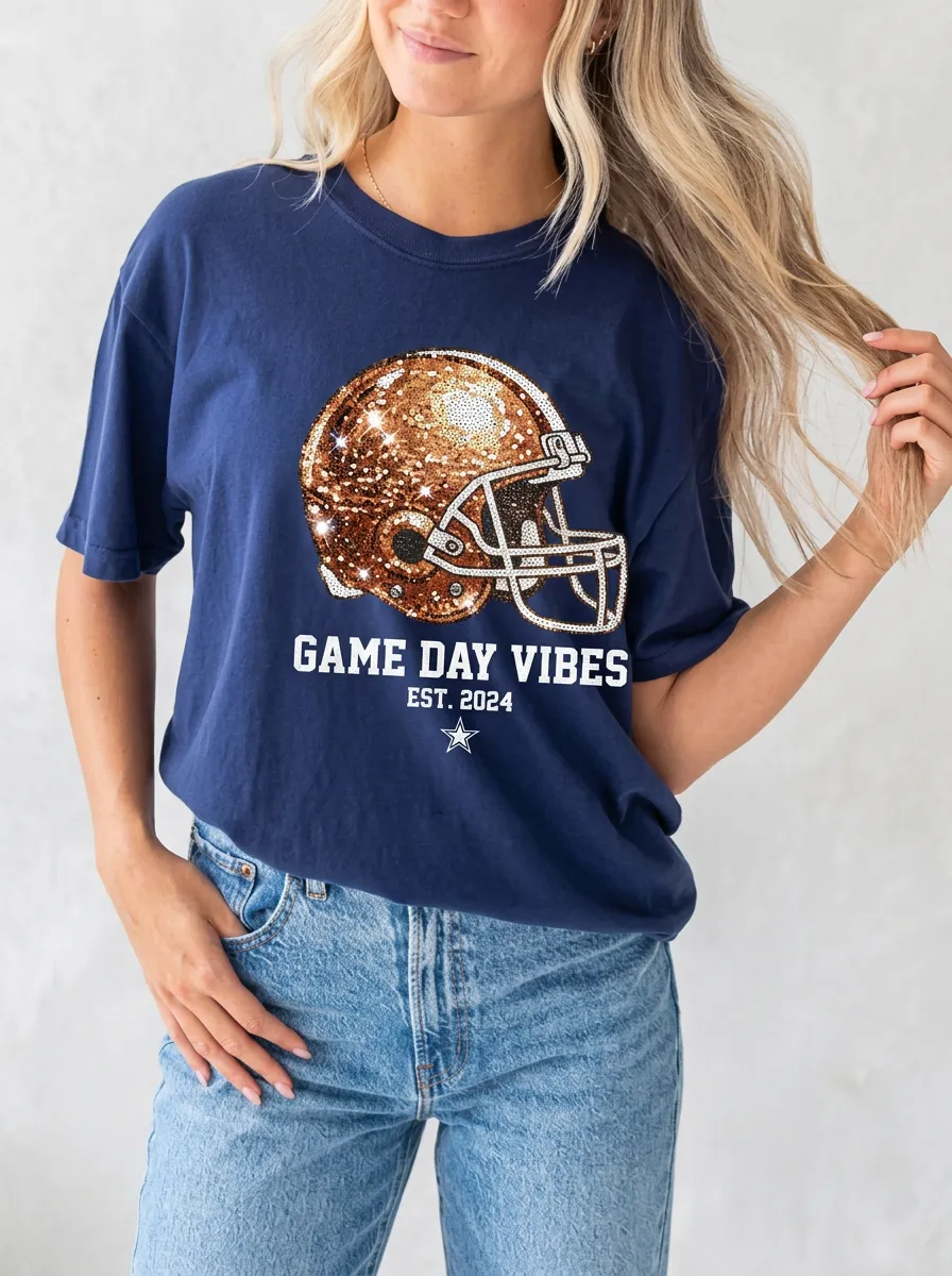 Women's Football Fan Game Day Vibes Sequin Helmet Printed T-Shirt