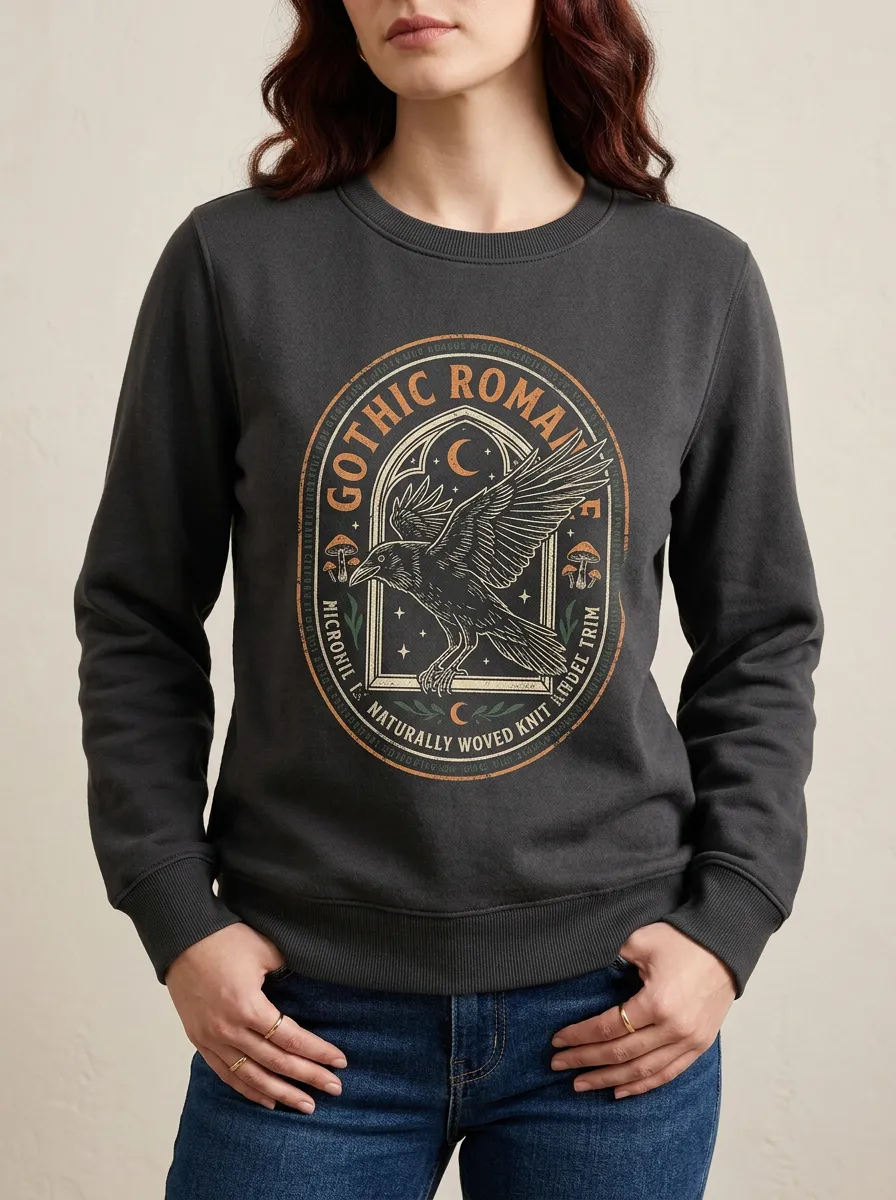 Women's Gothic Romance Raven Mushroom Moon Printed Sweatshirt