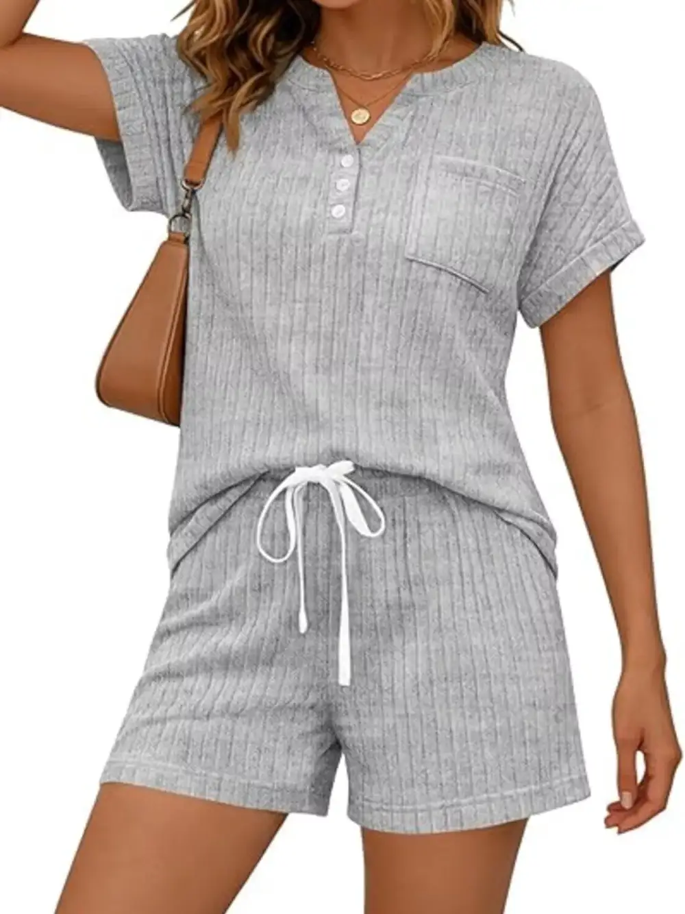 Casual Ribbed Knit Tee Shorts Set