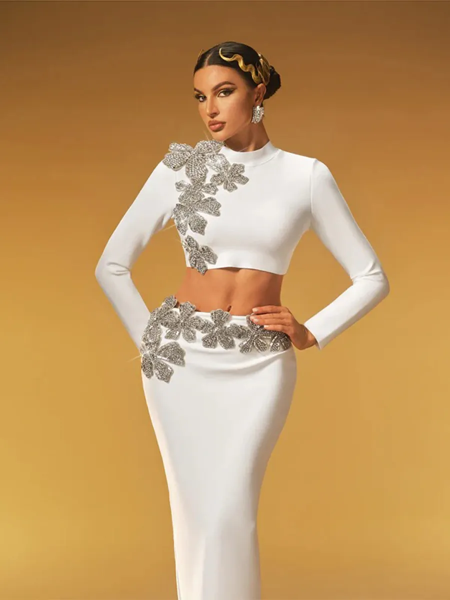 Almira Strapless Flower Bandage Skirt Set In Black