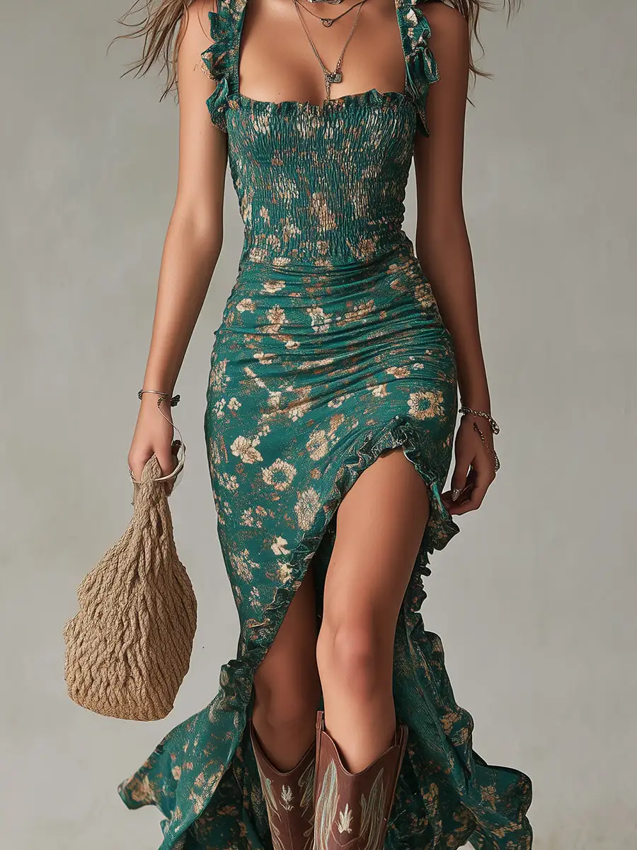 Boho Retro Ruffled Sleeves High Slit Maxi Dress