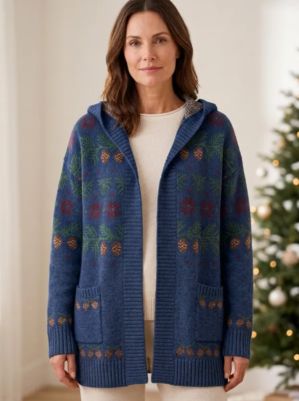 Christmas Pinecone Snowflake Pattern Print Hooded Cardigan