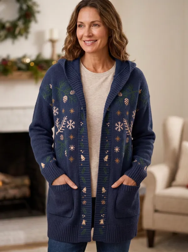 Christmas Snowflake Pinecone Pattern Print Hooded Cardigan