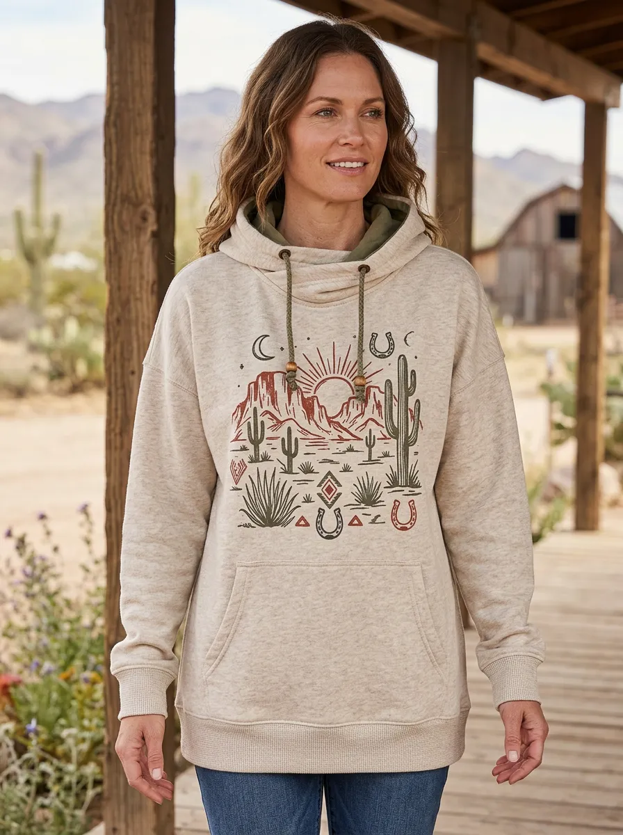 Women's Western Beige Desert Graphic Print Crossover Hoodie