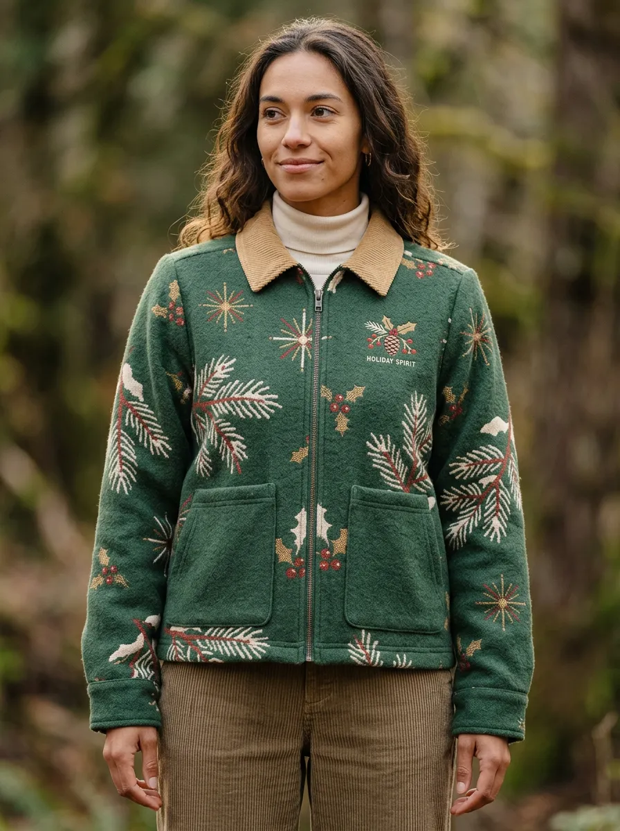 Christmas Holiday Spirit Pine Holly Print Jacket