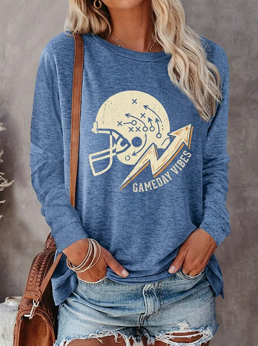 Women's Football Gameday Vibes Helmet Playbook Printed Long Sleeve Shirt