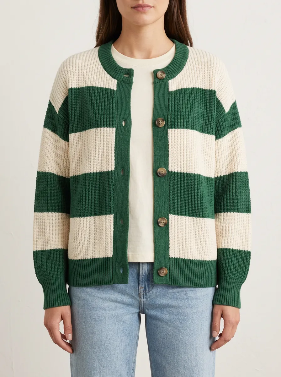 Relaxed Rugby Striped Button Front Knit Cardigan
