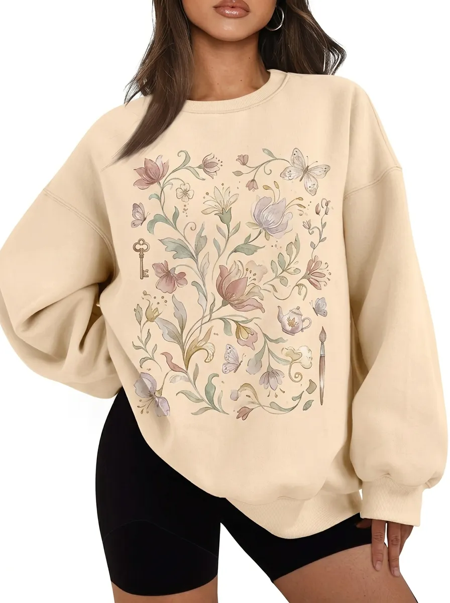 Women's Botanical Butterfly Key Teapot Printed Sweatshirt