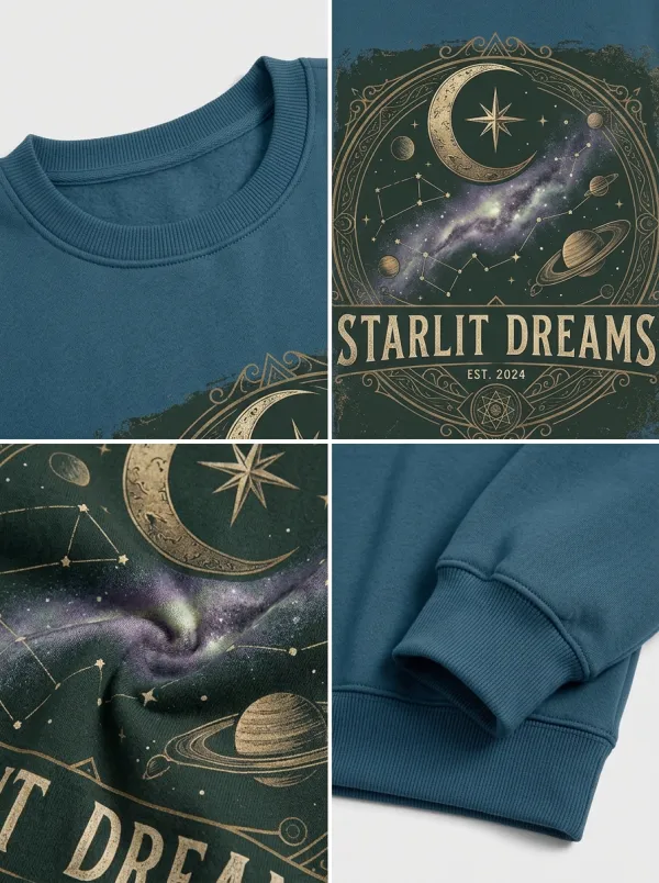Women's Celestial Starlit Dreams Moon Planet Printed T-shirt