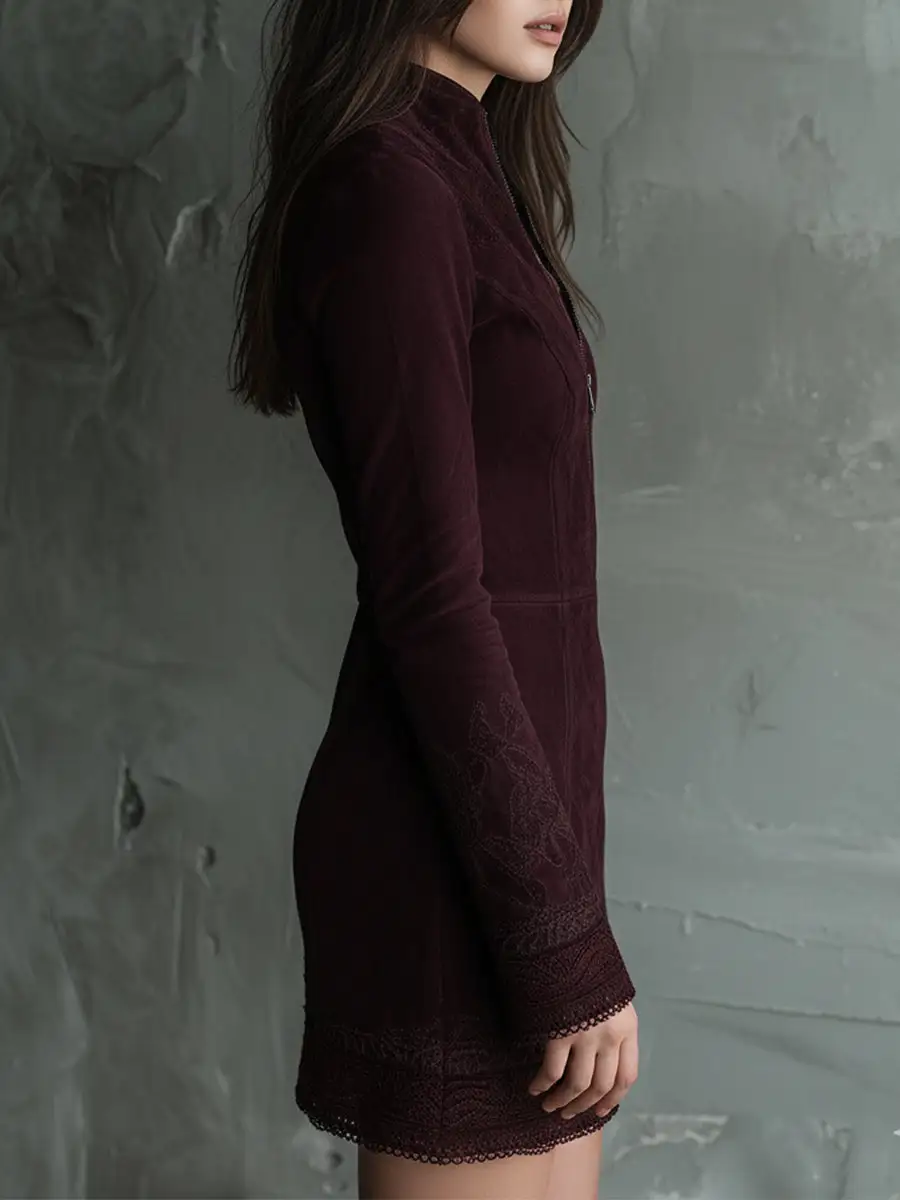 Vintage Suede Embroidered Lace Trim Mini Dress