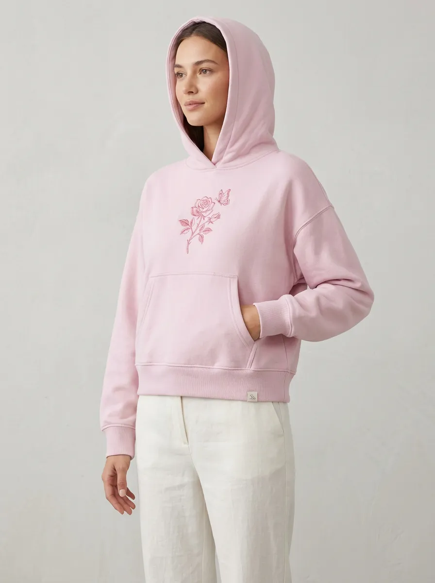 Women's Aesthetic Rose Butterfly Printed Pink Hoodie