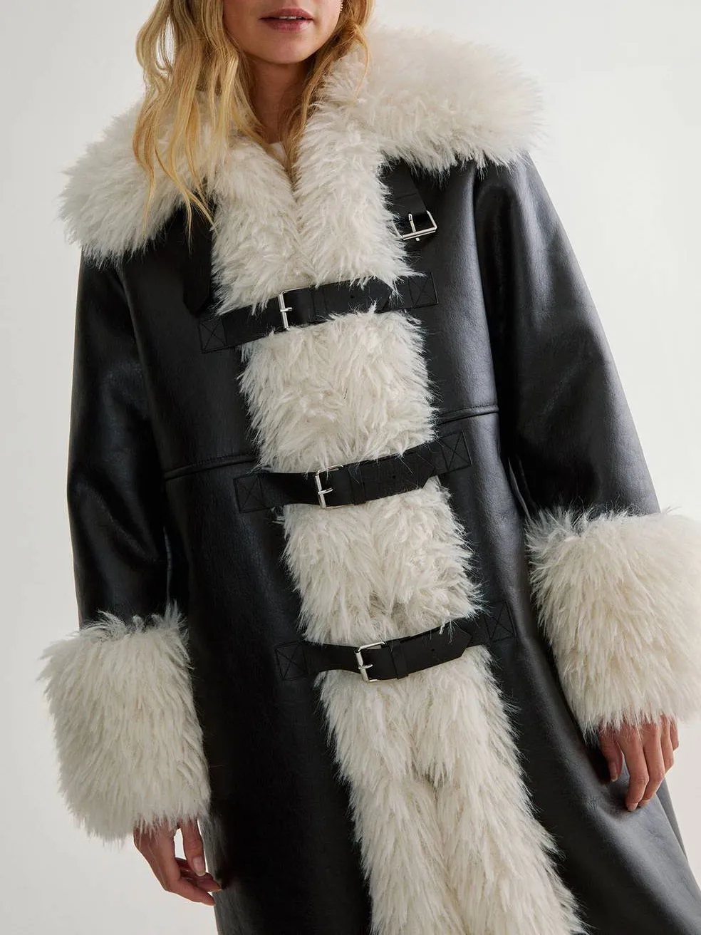 Women's Wide Faux Fur Collar & Leather Long Coat