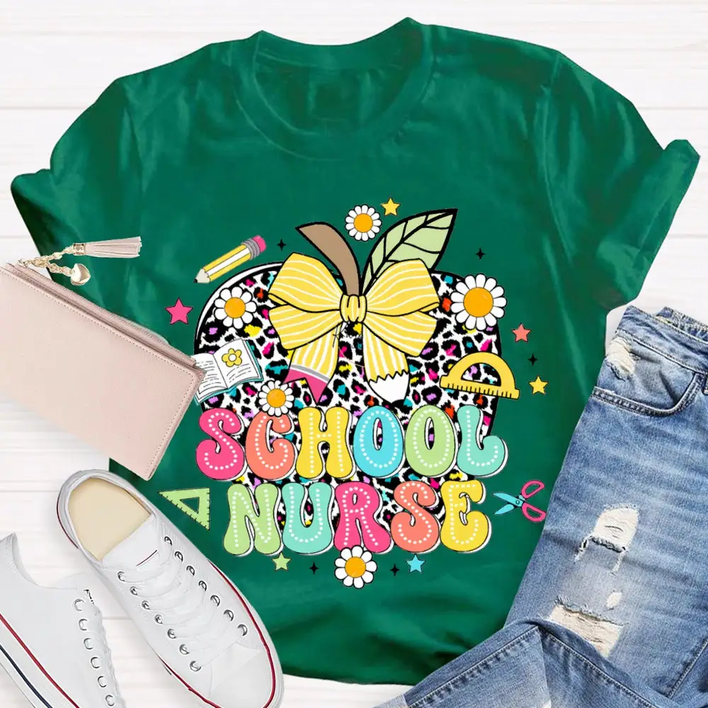 School Nurse Polka Dot Apple And Bow T-Shirt